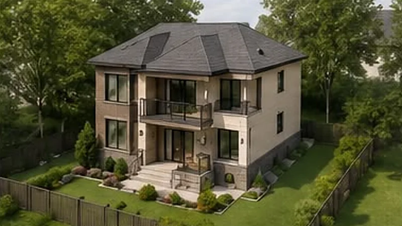 Concept render from above: the rear of a residential building with a fenced garden.
