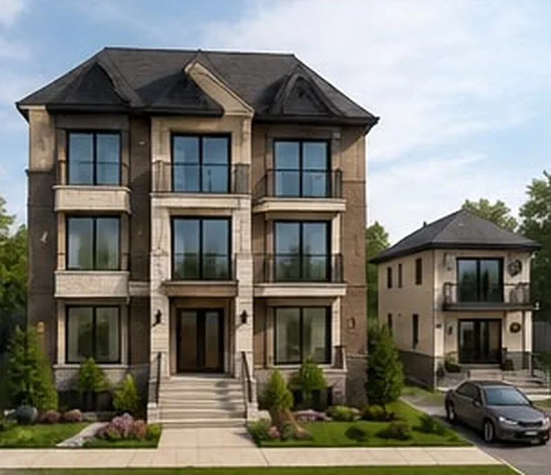 Perspective render of a future multi-unit residential building concept.